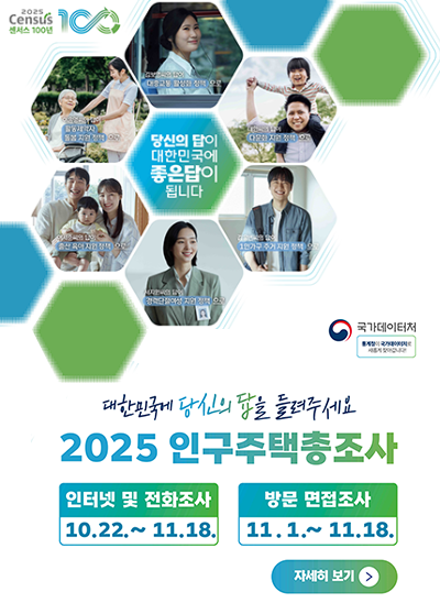 2025 Census 100 센서스 100년
국가데이터처 : 통계청이 국가데이터처로 새롭게 찾아갑니다!
당신의 답이 대한민국에 좋은답이 됩니다. [김보영씨의 답이 대중교통 활성화 정책으로, 이은영씨의 답이 활동재약자 돌봄 지원책으로, 대한씨의 답이 다문화 지원 정책으로, 이서준씨의 답이 출산 육아 지원 정책으로, 김유빈씨의 답이 1인가구 주거 지원 정책으로, 서지원시의 답이 경력단절여성 지원 정책으로]
대한민국에 당신의 답을 들려주세요
2025 인구주책총조사
인터넷 및 전화조사 : 10.22.~11.18.
방문 면접조사 : 11.1. ~ 11.18.
[자세히보기]