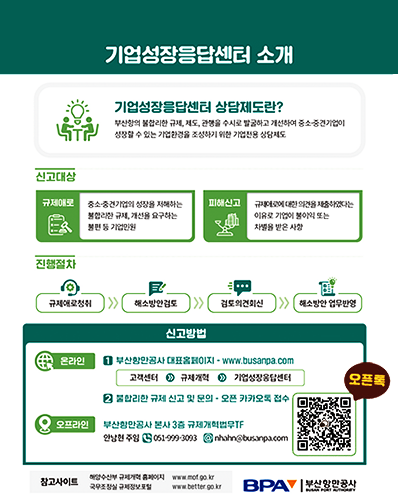 기업성장응답센터 소개
기업성장응답센터 상담제도란? 부산항의 불합리한 규제, 제도, 관행을 수시로 발굴하고 개선하여 중소·중견기업이 성장할 수 있는 기업환경을 조성하기 위한 기업전용 상담제도
신고대상 : [규제애로:중소·중견기업의 성장을 저해하는 불합리한 규제, 개선을 요구하는 불편 등 기업민원], [피해신고 : 규제애로에 대한 의견을 제출하였다는 이유로 기업이 불이익 또는 차별을 받은 사항]
진행절차 : 규제애로청취 》 해소방안검토 》 검토의견회신 》 해소방안 업무반영
신고방법 : [온라인 : ① 부산항만공사 대표홈페이지 - www.busanpa.com (고객센터 》 규제개혁 》 기업성장응답센터), ② 불합리한 규제 신고 및 문의 - 오픈 카카오톡 접수], [오프라인 : 부산항만공사 본사 3층 규제개혁법무TF 안남현 주임 051-999-3093/nhahn@busanpa.com]
[QR코드 오픈톡 : BPA 규제개혁법무TF_규제 사항, 애로 사항 건의. https://open.kakao.com/o/sqhaMwcg]
참고사이트 : 해양수산부 규제개혁 홈페이지 www.mof.go.kr, 국무조정실 규제정보포털 www.better.go.kr, 부산항만공사
