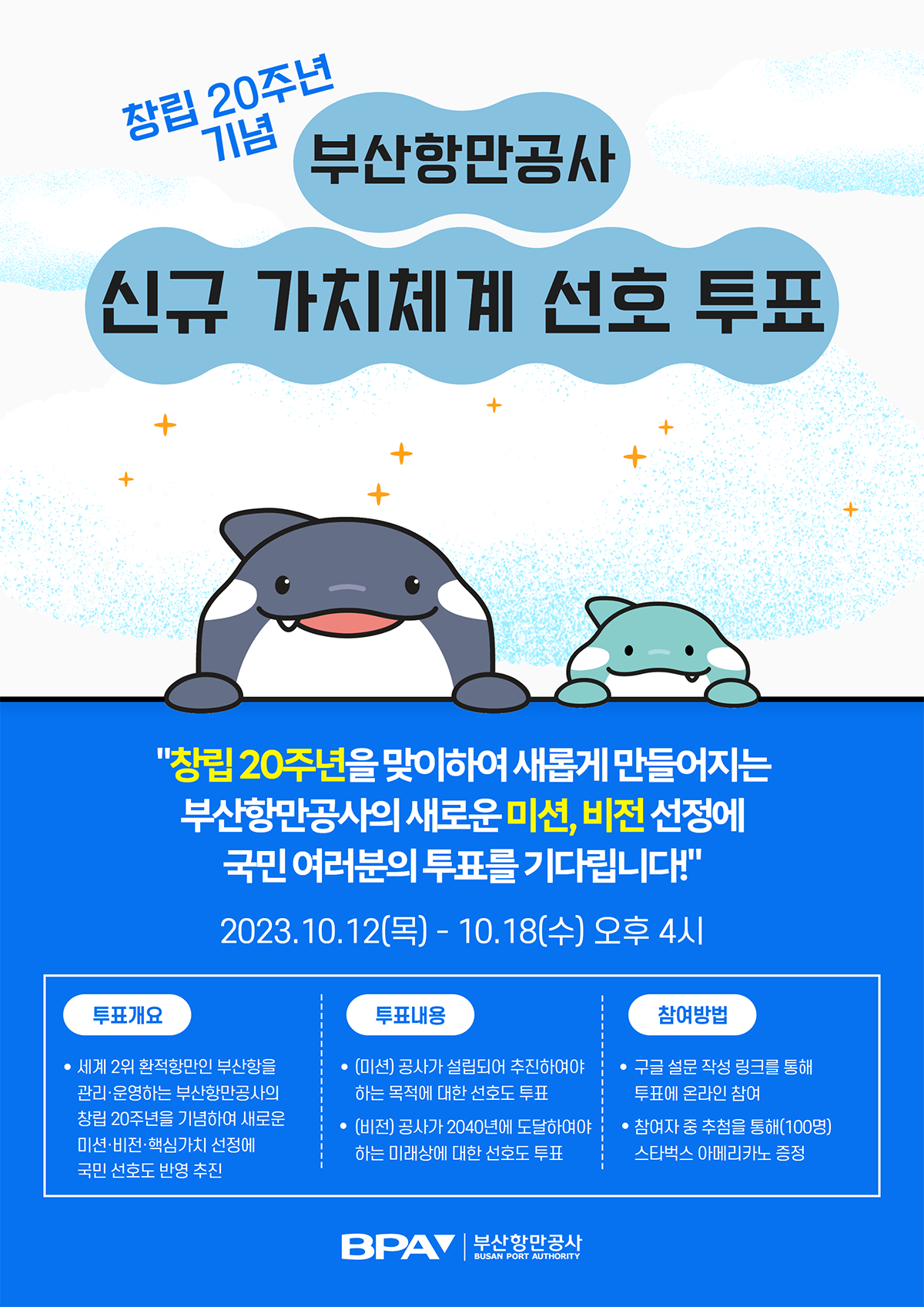 창립 20주년 기념 부산항만공사 신규 가치체계 선호도 투표 포스터로 상세설명은 하단 참조