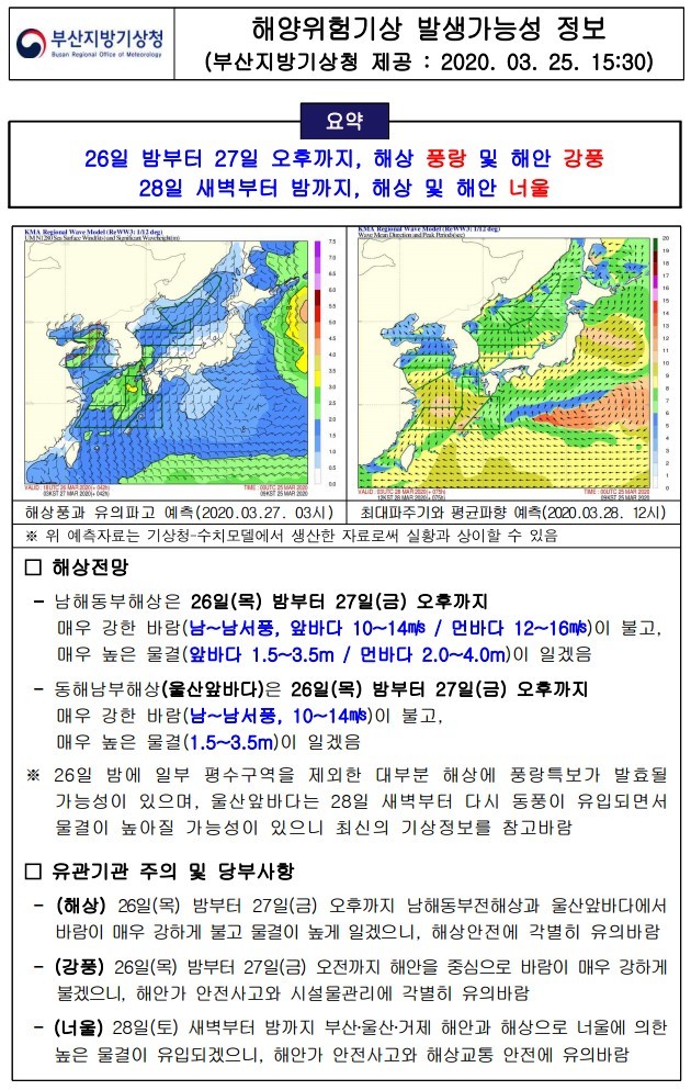 기상악화(해양위험기상 발생가능성) 대비 접안,정박,계류지 선박과 시설물 등 안전관리 철저요청