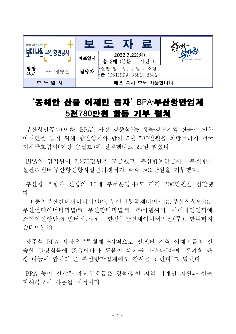 ‘동해안 산불 이재민 돕자’ BPA·부산항만업계 5천780만원 합동 기부 펼쳐