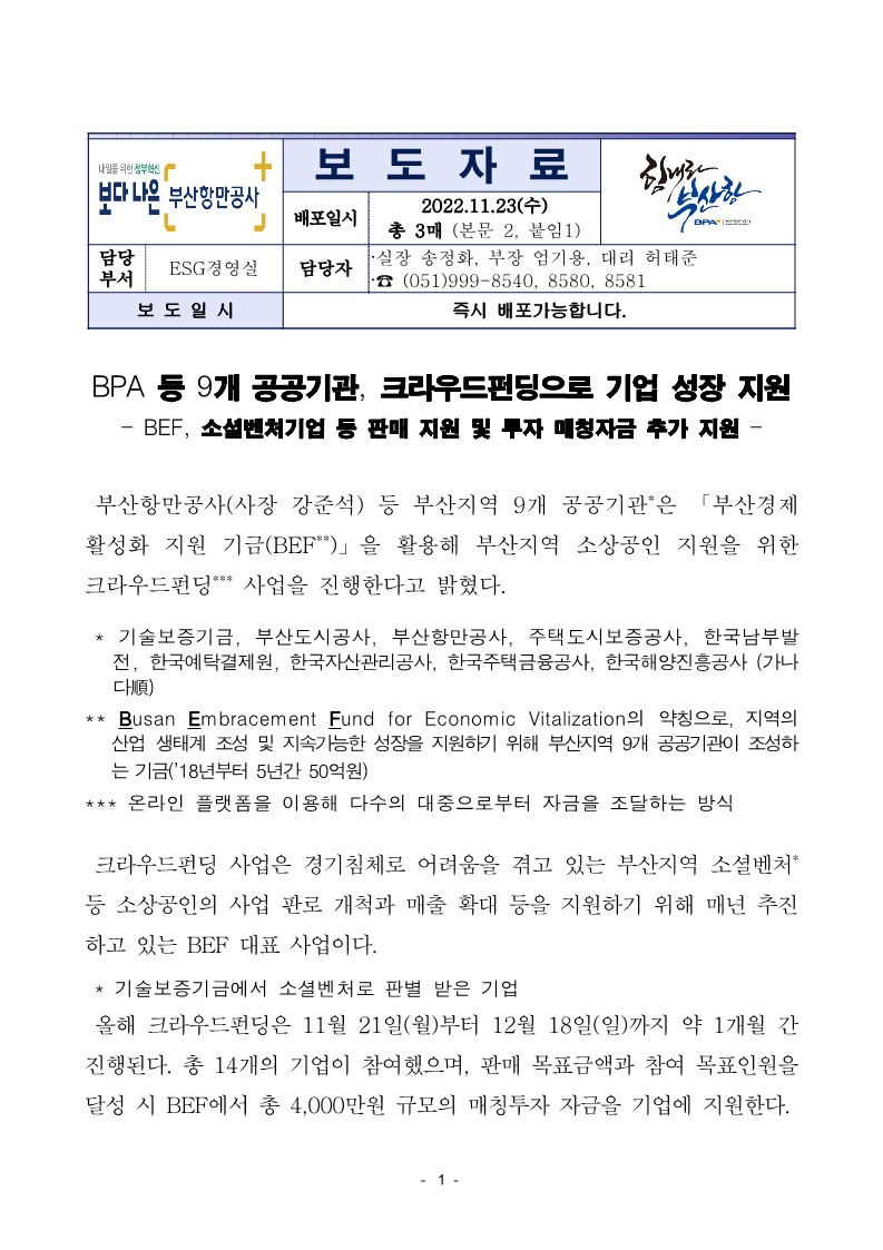 BPA 등 9개 공공기관, 크라우드펀딩으로 기업 성장 지원