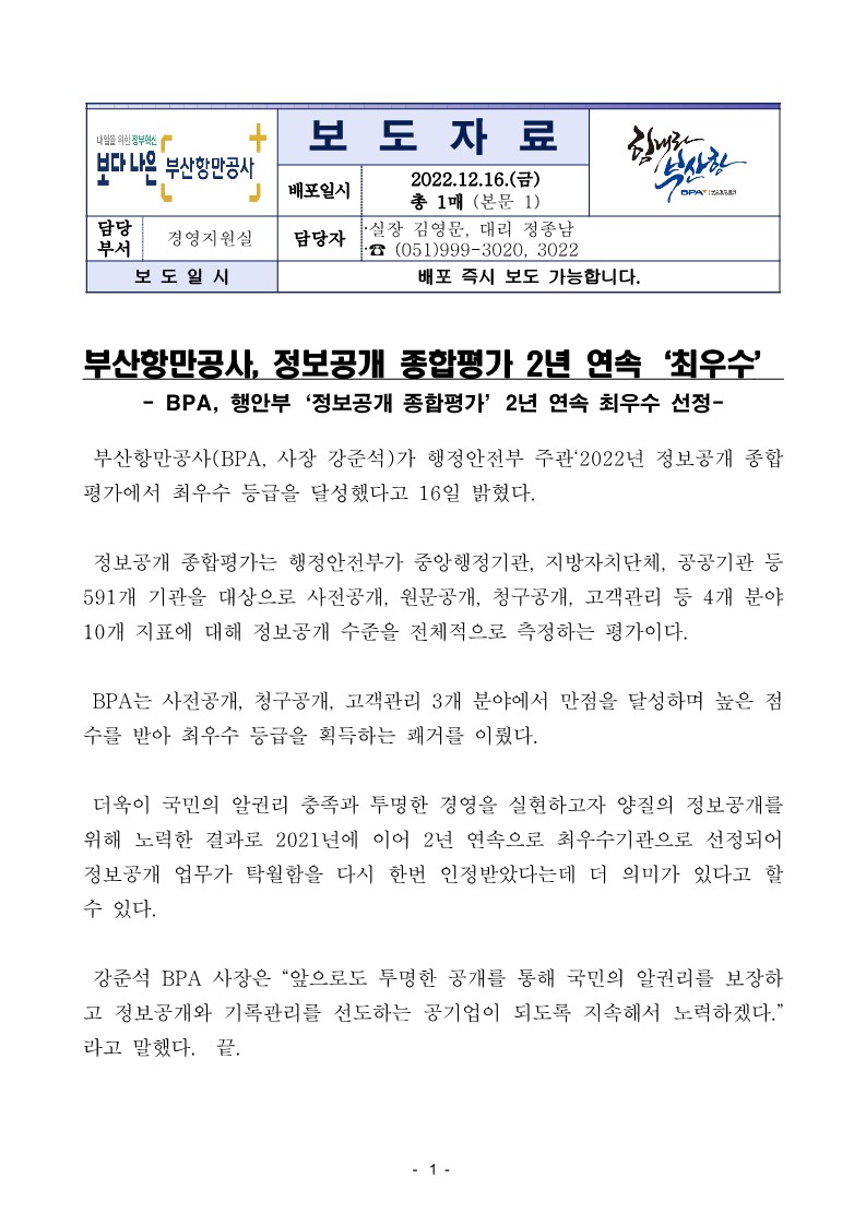 부산항만공사, 정보공개 종합평가 2년 연속 