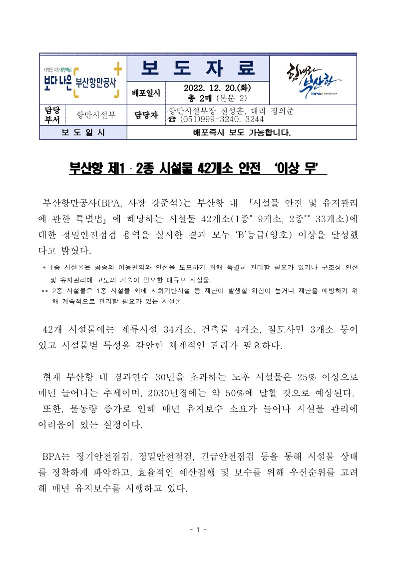 부산항 제1·2종 시설물 42개소 안전 