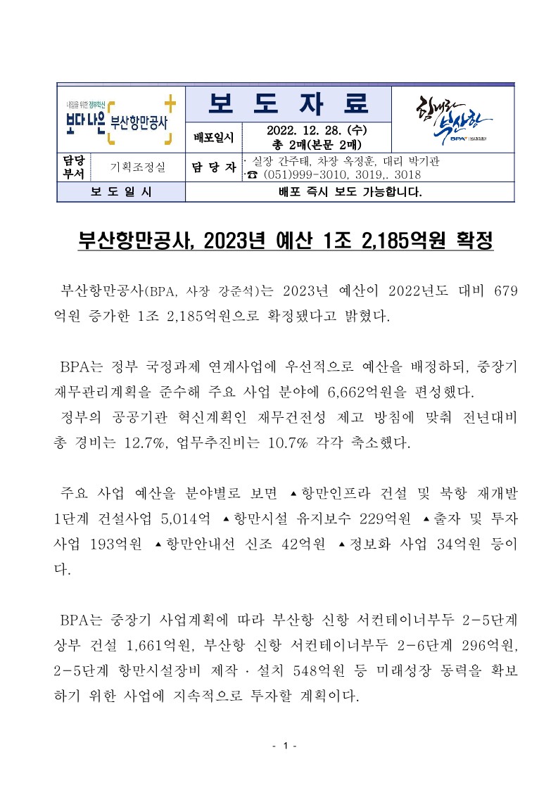 부산항만공사, 2023년 예산 1조 2,185억원 확정