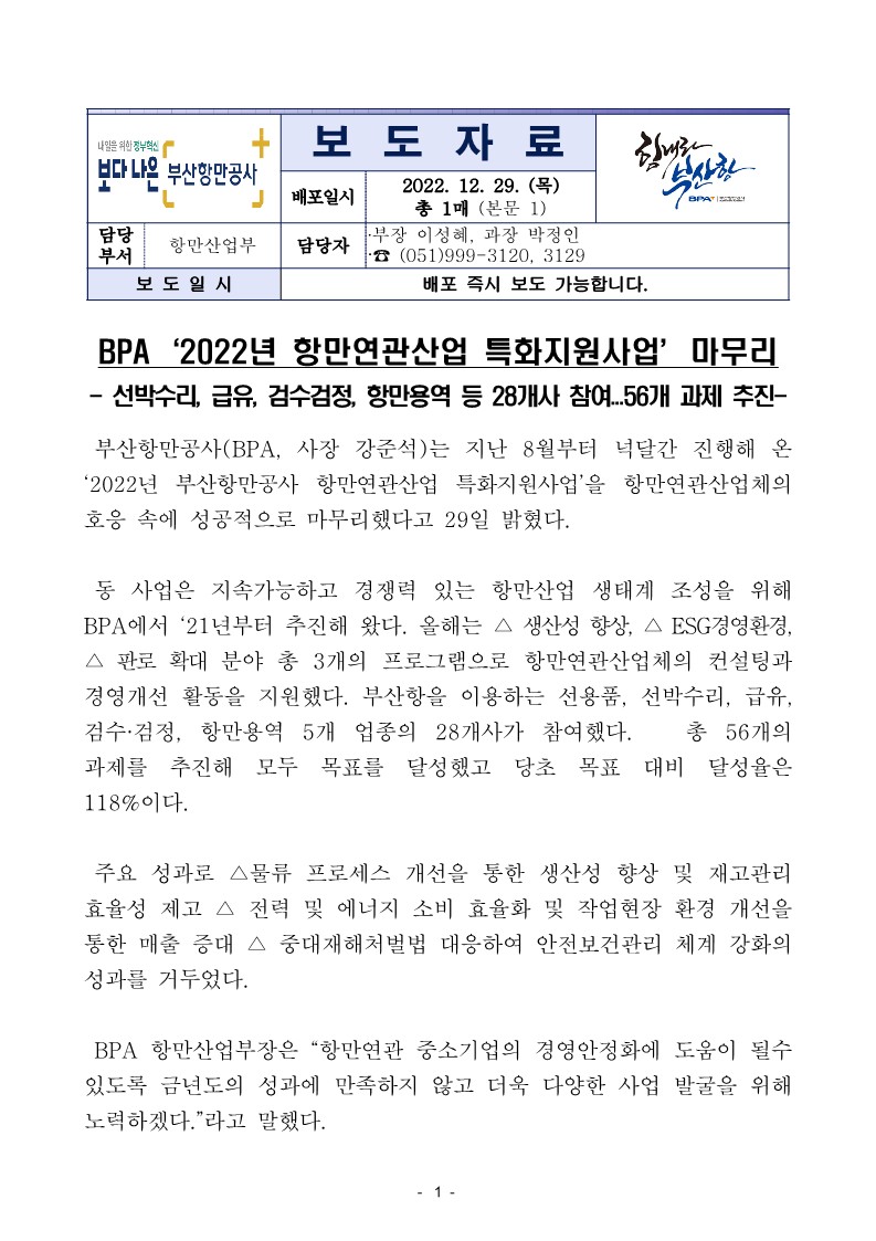 BPA, ‘2022년 항만연관산업 특화지원사업’ 마무리