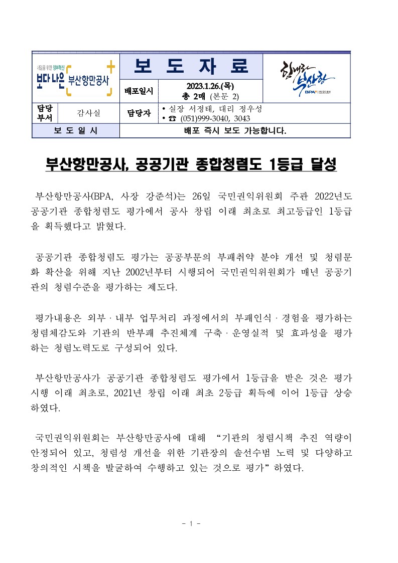 부산항만공사, 공공기관 종합청렴도 1등급 달성