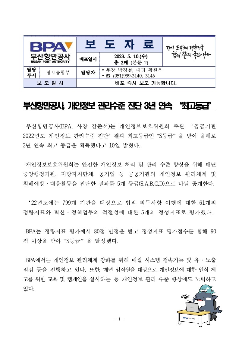 부산항만공사, 개인정보 관리수준 진단 3년 연속 “최고등급”