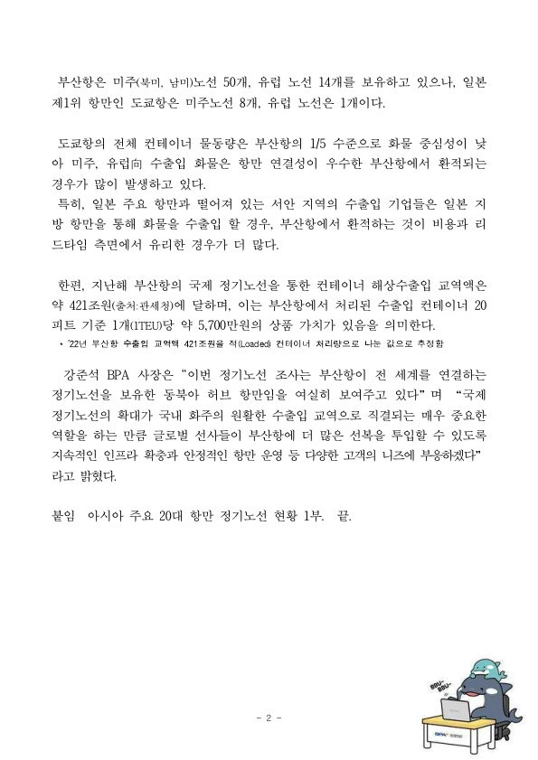 부산항을 기항하는 국제 정기노선 역대 최다 287개 기록