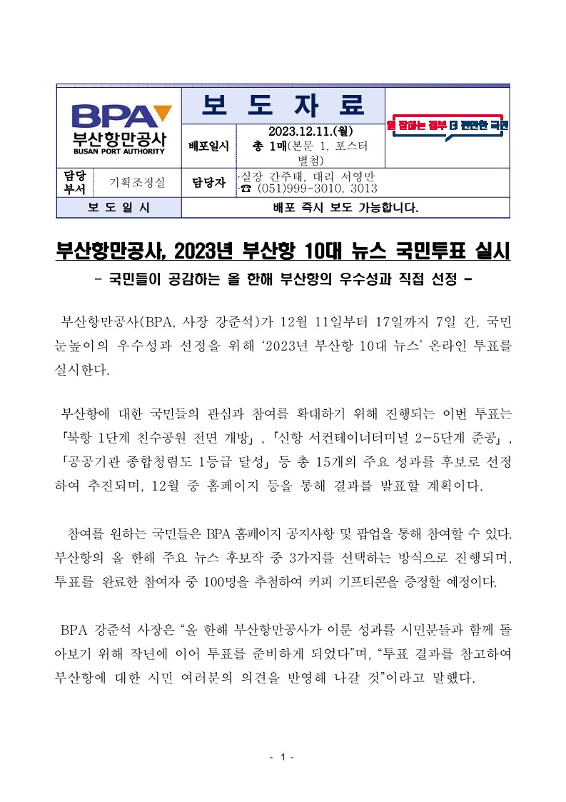 부산항만공사, 2023년 부산항 10대 뉴스 국민투표 실시