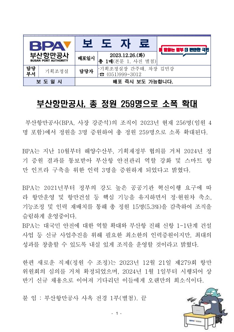 부산항만공사, 총 정원 259명으로 소폭 확대