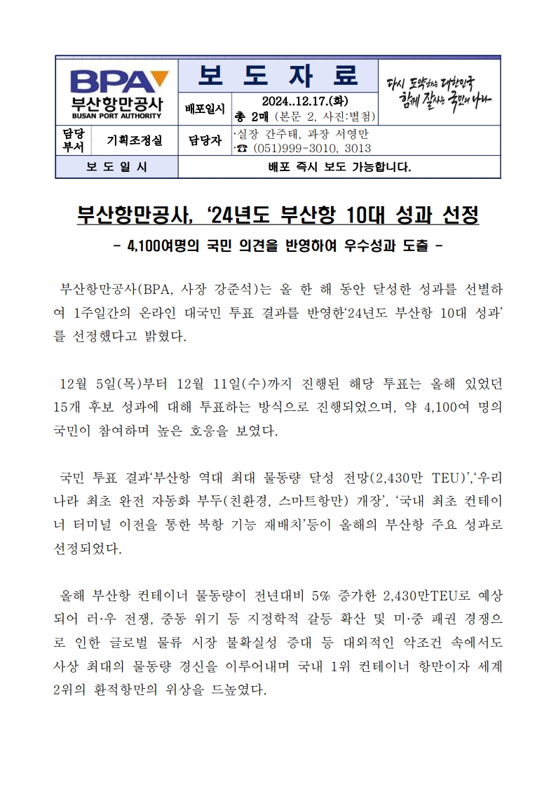 부산항만공사, 24년도 부산항 10대 성과 선정