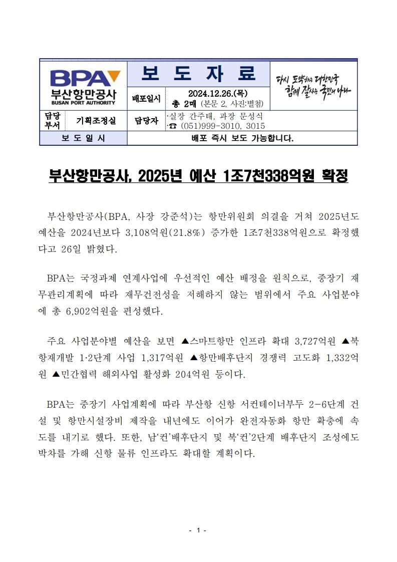 부산항만공사, 2025년 예산 1조7천338억원 확정